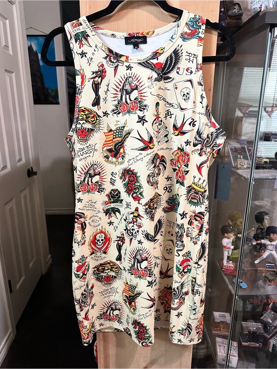 Ed Hardy Dresses & Skirts - Ed Hardy All-Over Tattoo Print Racerback Tank Dress